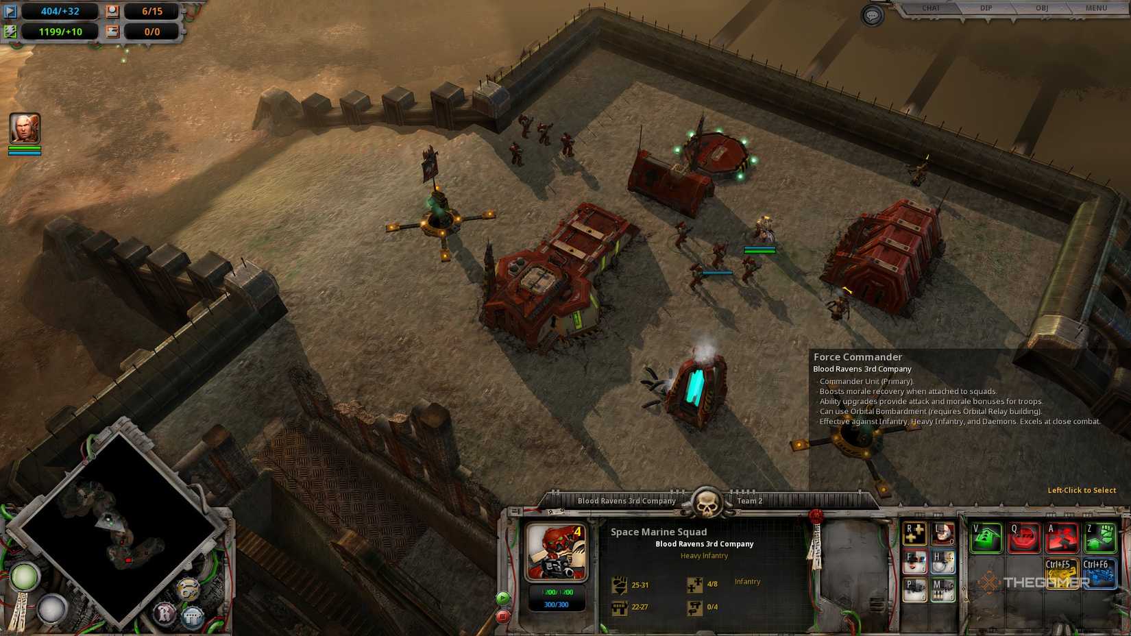 The player's Force Commander selected in their Space Marine squad in Warhammer 40,000: Dawn of War - Definitive Edition.