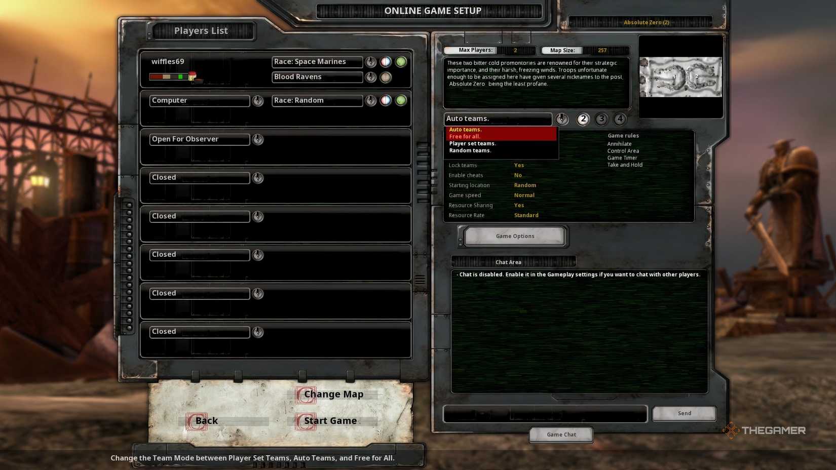 The player selecting free for all in the auto teams list on the right of the Online Game Setup screen in Warhammer 40K: Dawn of War - Definitive Edition.