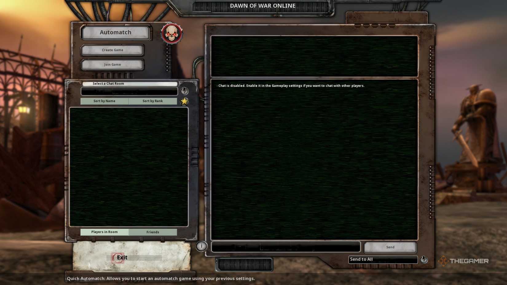 The Quick Automatch skull selected on the top of the Dawn of War Online screen in Warhammer 40K: Dawn of War - Definitive Edition.