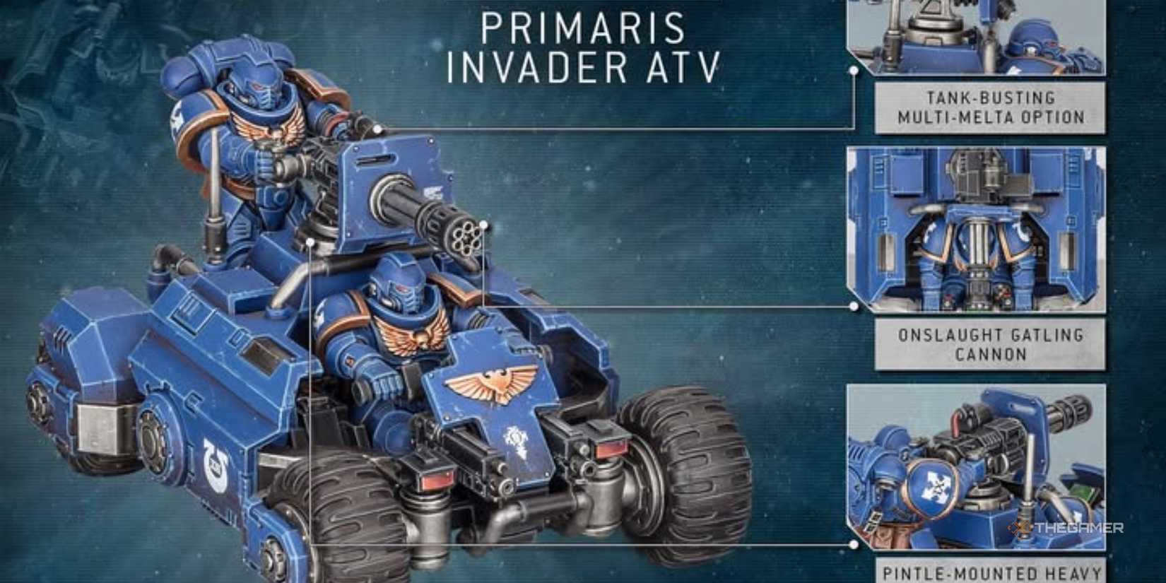 diagrams show the highlights of a new primaris invader atv kit in ultramarine colors for warhammer 40k.