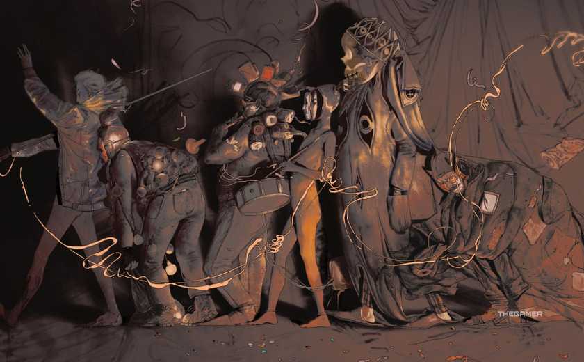 Concept art for Zero Parades, showing characters walking in a line.